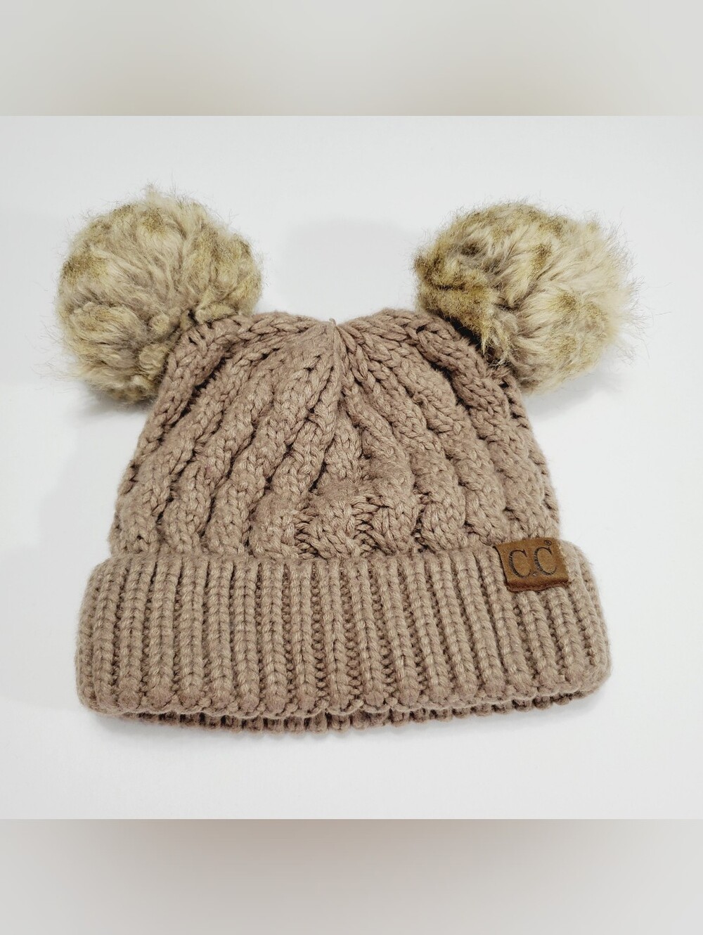 C.C. Exclusives Womens Winter Beanie Hat Double Poms Tan  Knit Pattern  One Size